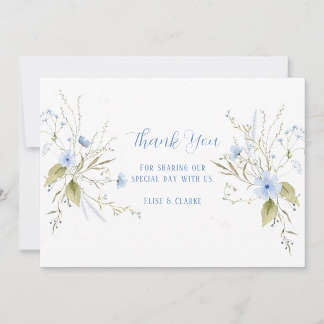 Dusty Blue Wildflowers Wedding Thank You Cards (Front)