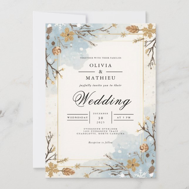 Dusty Blue Winter Branches Wedding Invitation (Front)