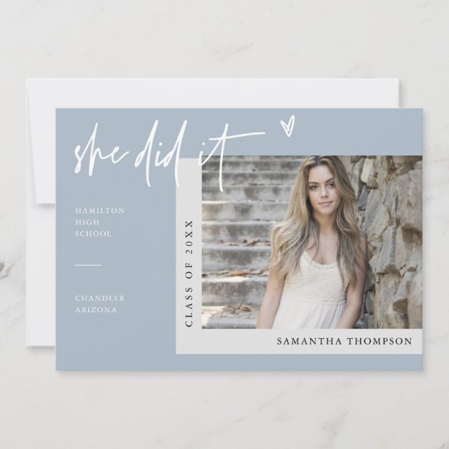 Dusty Blue Winter Modern She Did It Grad Photo Invitation (Front)