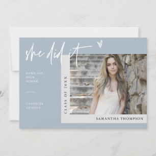 Dusty Blue Winter Modern She Did It Grad Photo Invitation