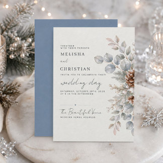Dusty Blue Winter Pinecone Botanical Wedding Invitation