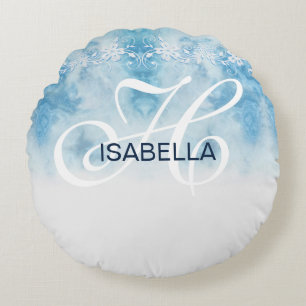 Dusty Blue Winter Script Calligraphy Monogram Round Pillow