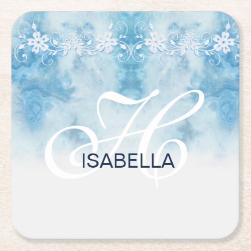 Dusty Blue Winter Script Calligraphy Monogram Square Paper Coaster