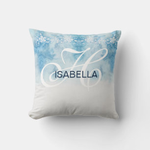 Dusty Blue Winter Script Calligraphy Monogram Throw Pillow