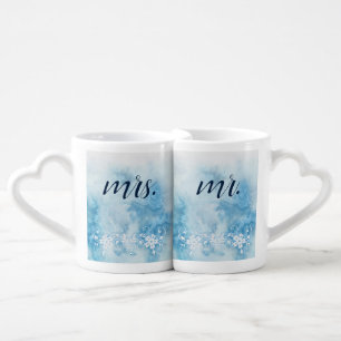Dusty Blue Winter Script Calligraphy Watercolor Coffee Mug Set