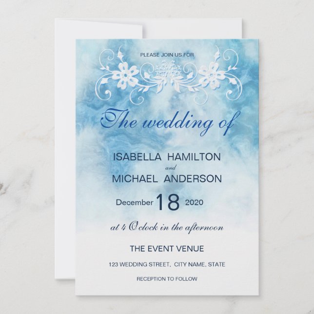 Dusty Blue Winter Script Calligraphy Watercolor Invitation (Front)