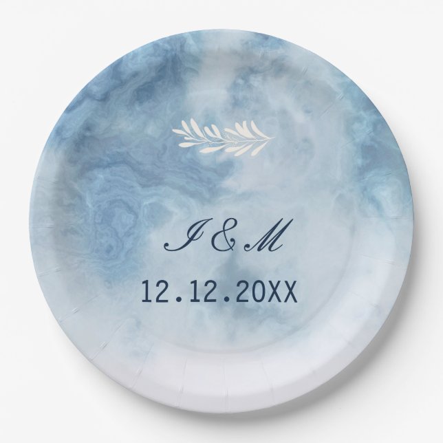 Dusty Blue Winter Script Calligraphy White Branch Paper Plates (Front)