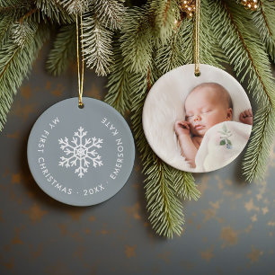Dusty Blue Winter Snowflake First Christmas Photo Ceramic Ornament