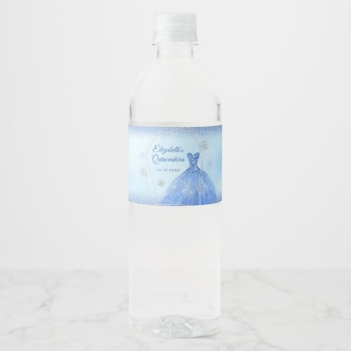 Dusty Blue Winter Snowflake Quinceaera Water Bottle Label