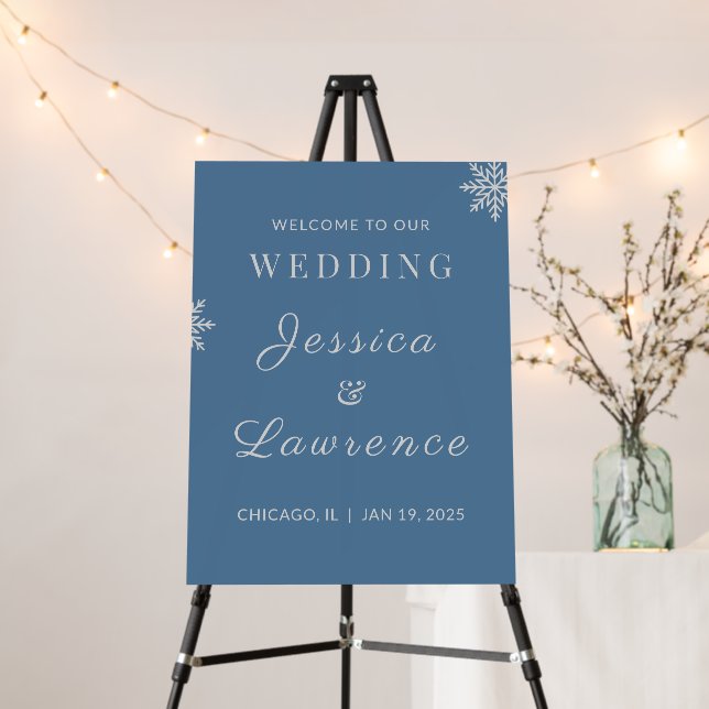 Dusty Blue Winter Wedding Welcome Sign (In Situ (Stand))