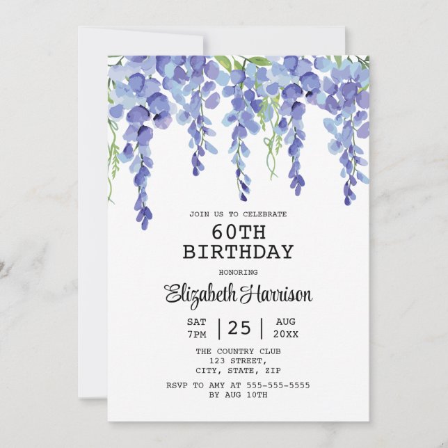 Dusty Blue Wisteria Floral Greenery 60th Birthday  Invitation (Front)