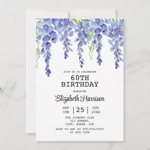 Dusty Blue Wisteria Floral Greenery 60th Birthday  Invitation