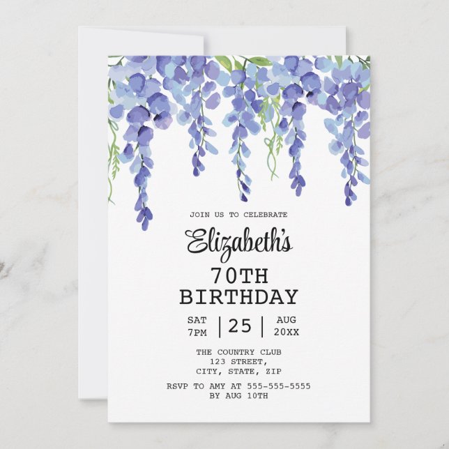 Dusty Blue Wisteria Floral Greenery 70th Birthday  Invitation (Front)