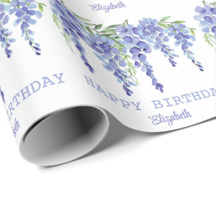 Dusty Blue Wisteria Floral Happy Birthday  Wrapping Paper