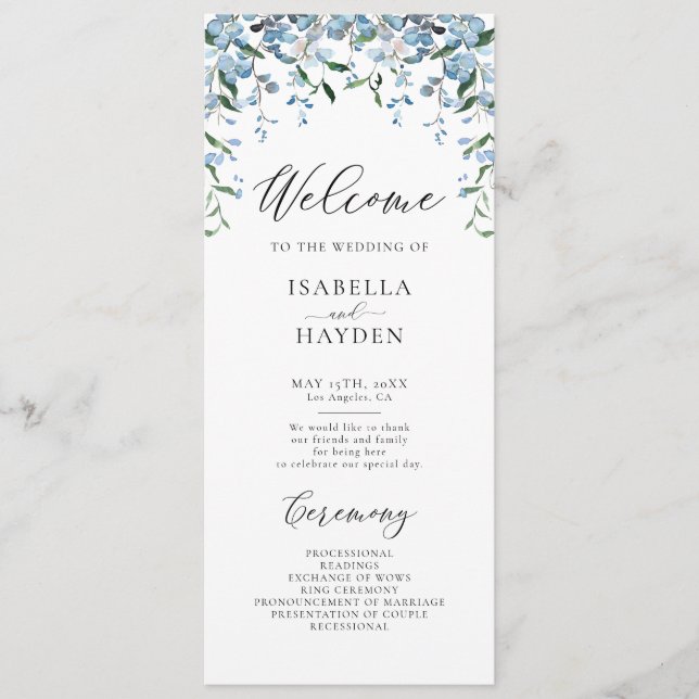 Dusty Blue Wisteria Flowers Spring Floral Wedding Program (Front)