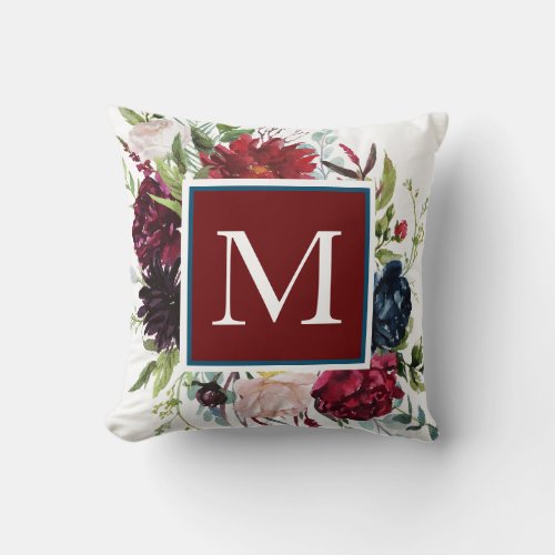 Dusty Blue with Burgundy Wine Floral Monogram Throw Pillow
