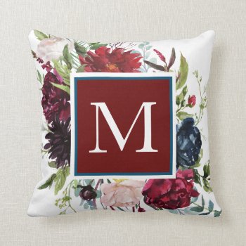 Dusty Blue With Burgundy Wine Floral Monogram Throw Pillow by MaggieMart at Zazzle