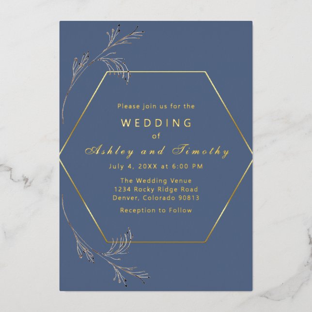 Dusty Blue with Gold Foil Wedding Invitation Foil Invitation (Front)