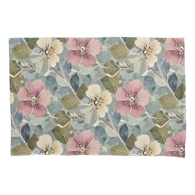 Dusty Blue with Mauve and White Flowers Pillow Case (Front)