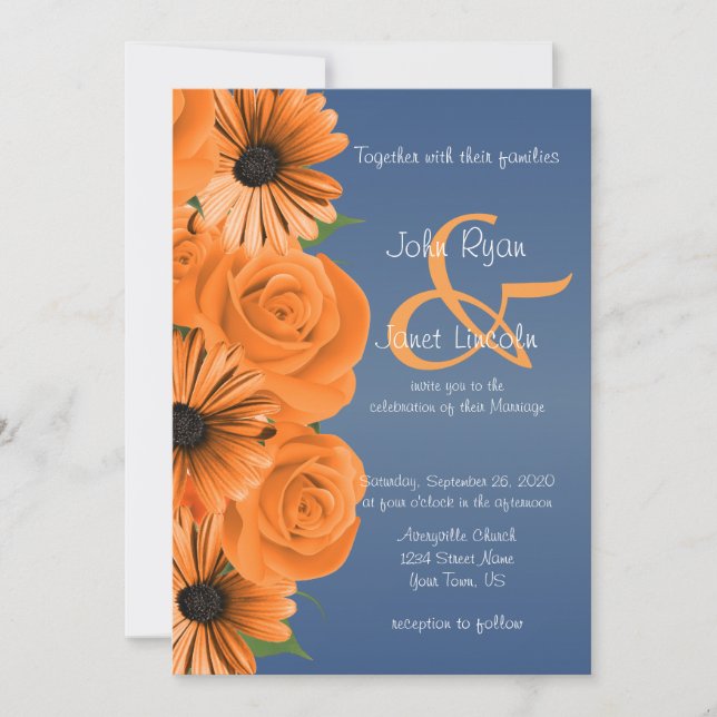 Dusty Blue with Orange Rose & Daisy  Invitation (Front)
