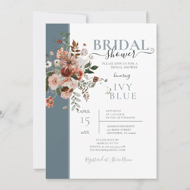 Dusty Blue with Pink Floral Bridal Shower Invitation (Front)