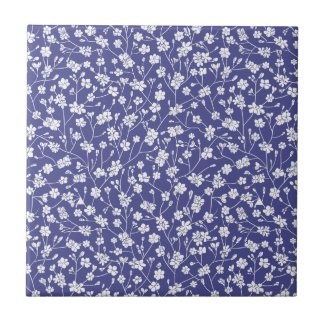 Dusty Blue with White Flowers Print Tile