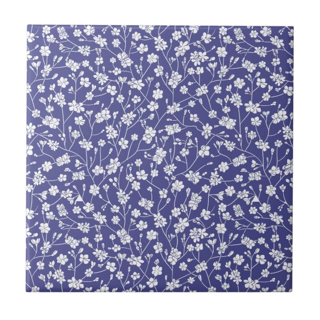Dusty Blue with White Flowers Print Tile (Front)