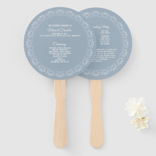 Dusty Blue with white mandala Wedding Program Fan (Front and Back)