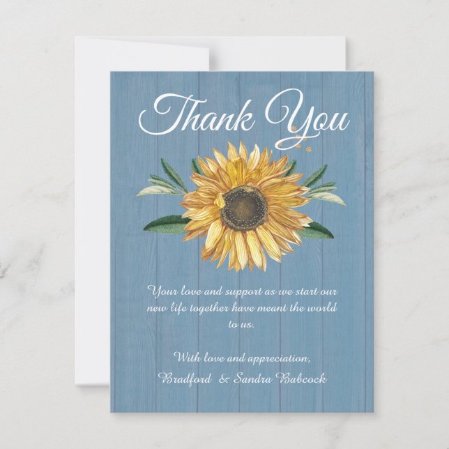 Dusty Blue Wood Sunflower Wedding Thank you Card (Front)