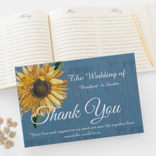 Dusty Blue Wood Sunflower Wedding Thank you  Guest Book