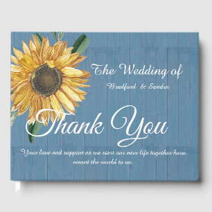 Dusty Blue Wood Sunflower Wedding Thank you Guest Book