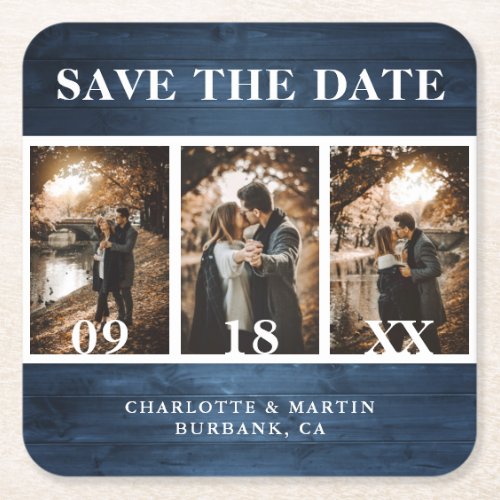Dusty Blue Wood Wedding Photo Save The Date Square Paper Coaster