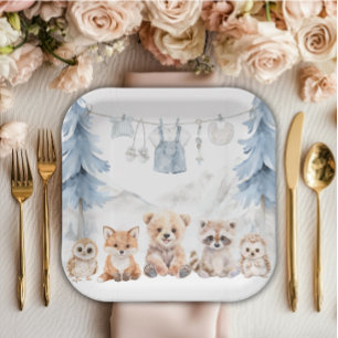 Dusty Blue Woodland Adventure Awaits Baby Shower Paper Plates