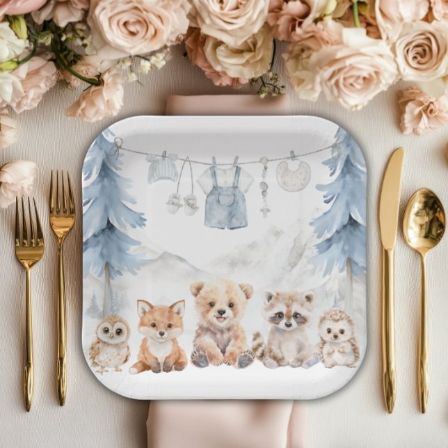 Dusty Blue Woodland Adventure Awaits Baby Shower Paper Plates (Creator Uploaded)