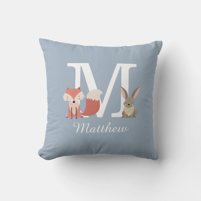 Dusty Blue Woodland Animals Monogram Initial Throw Pillow (Front)