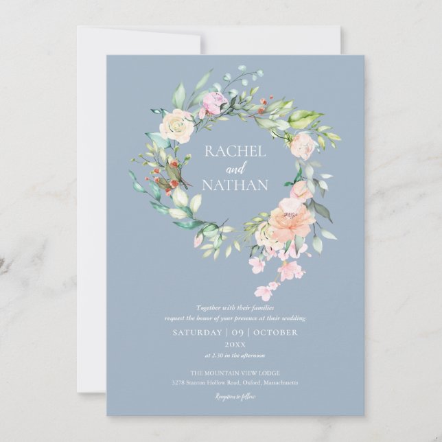 Dusty Blue Woodland Roses Greenery Floral Wedding Invitation (Front)