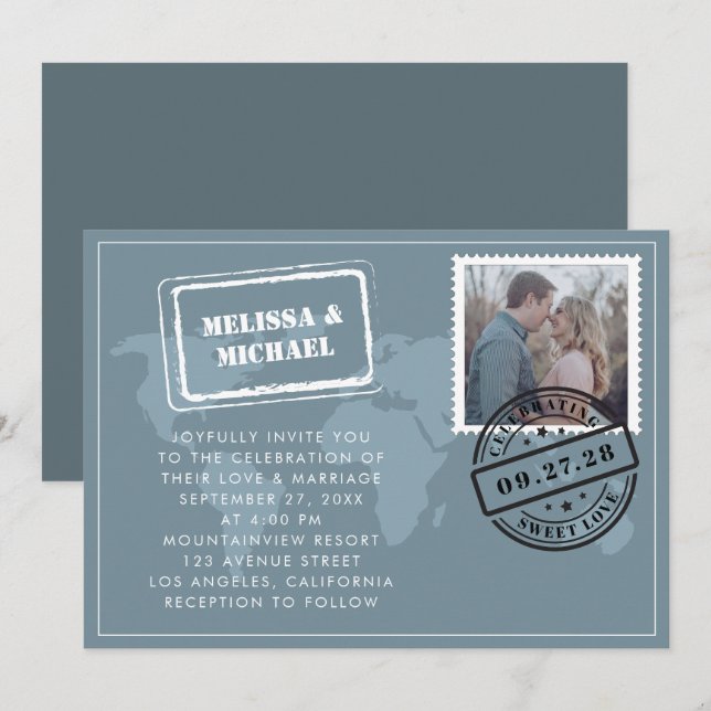 Dusty Blue World Map Destination Wedding Photo Invitation (Front/Back)