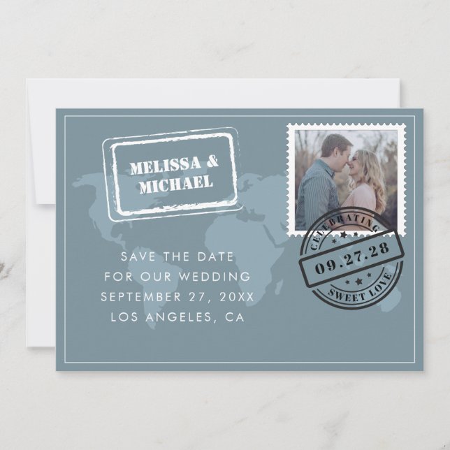 Dusty Blue World Map Destination Wedding Photo Save The Date (Front)
