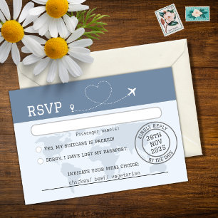 Dusty Blue World Map Destination Wedding RSVP Card
