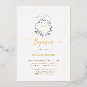 dusty blue wreath  Baptism Foil Invitation