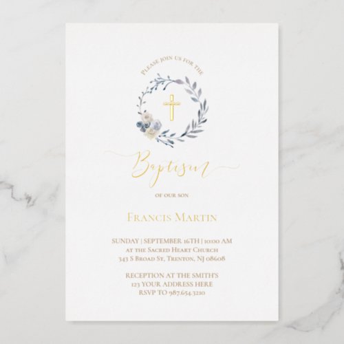 dusty blue wreath  Baptism Foil Invitation