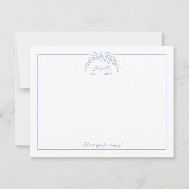 Dusty Blue Wreath Couple Initial Border Stationery Note Card (Front)