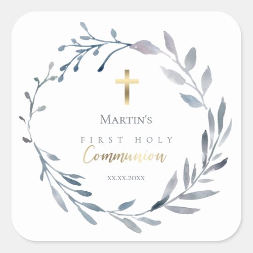 dusty blue wreath first communion square sticker