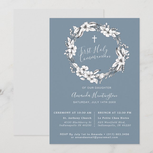 Dusty Blue Wreath First Holly Communion Invitation (Front/Back)