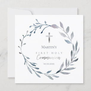 dusty blue wreath First Holy Communion Invitation