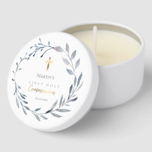 dusty blue wreath First Holy Communion Mini Candle Favors