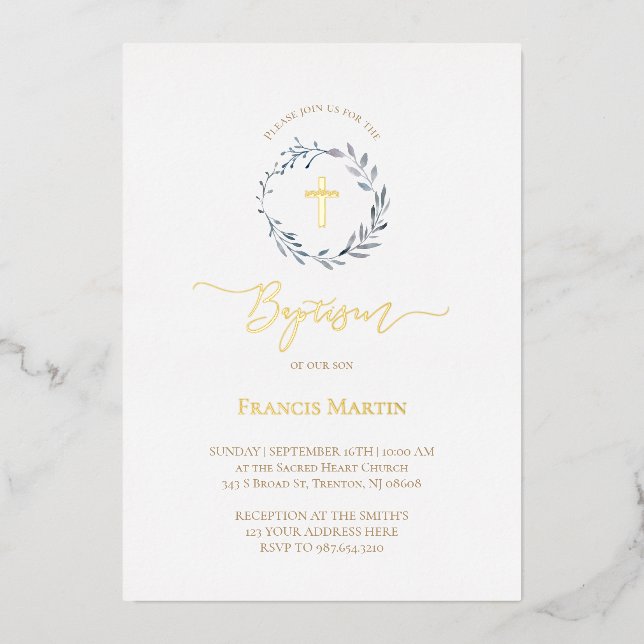 dusty blue wreath greenery Baptism Foil Invitation (Front)