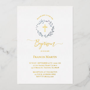dusty blue wreath greenery Baptism silver Foil Invitation