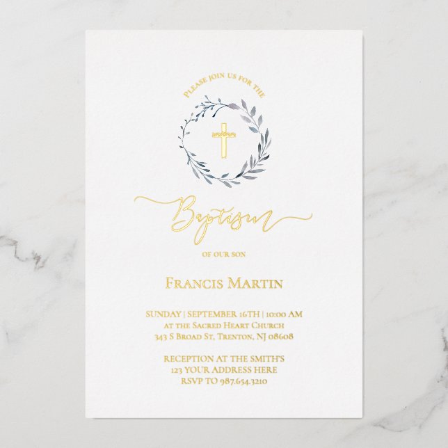 dusty blue wreath greenery Baptism silver Foil Invitation (Front)