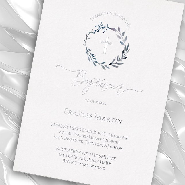 dusty blue wreath greenery Baptism silver Foil Invitation (Creator Uploaded)